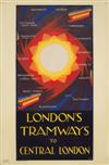 HAROLD MCCREADY (DATES UNKNOWN). LONDONS TRAMWAYS TO CENTRAL LONDON. 1930. 29x19 inches, 75x50 cm. Haycock Press, London.
